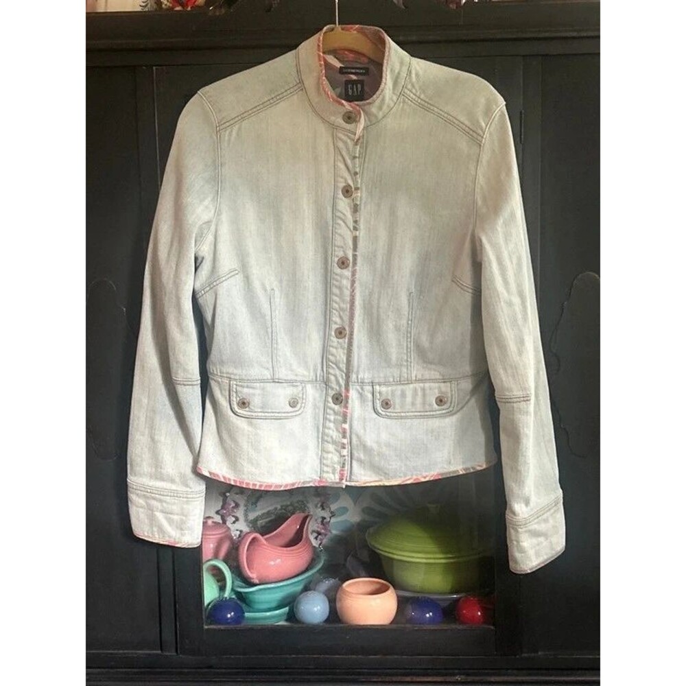 Boho Western Vintage Gap Fitted Jacket Light Wash Large Y2K Mandarin Collar